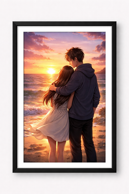 Anime Poster Paar im Sonnenuntergang mit Rahmen – ästhetische Wanddeko