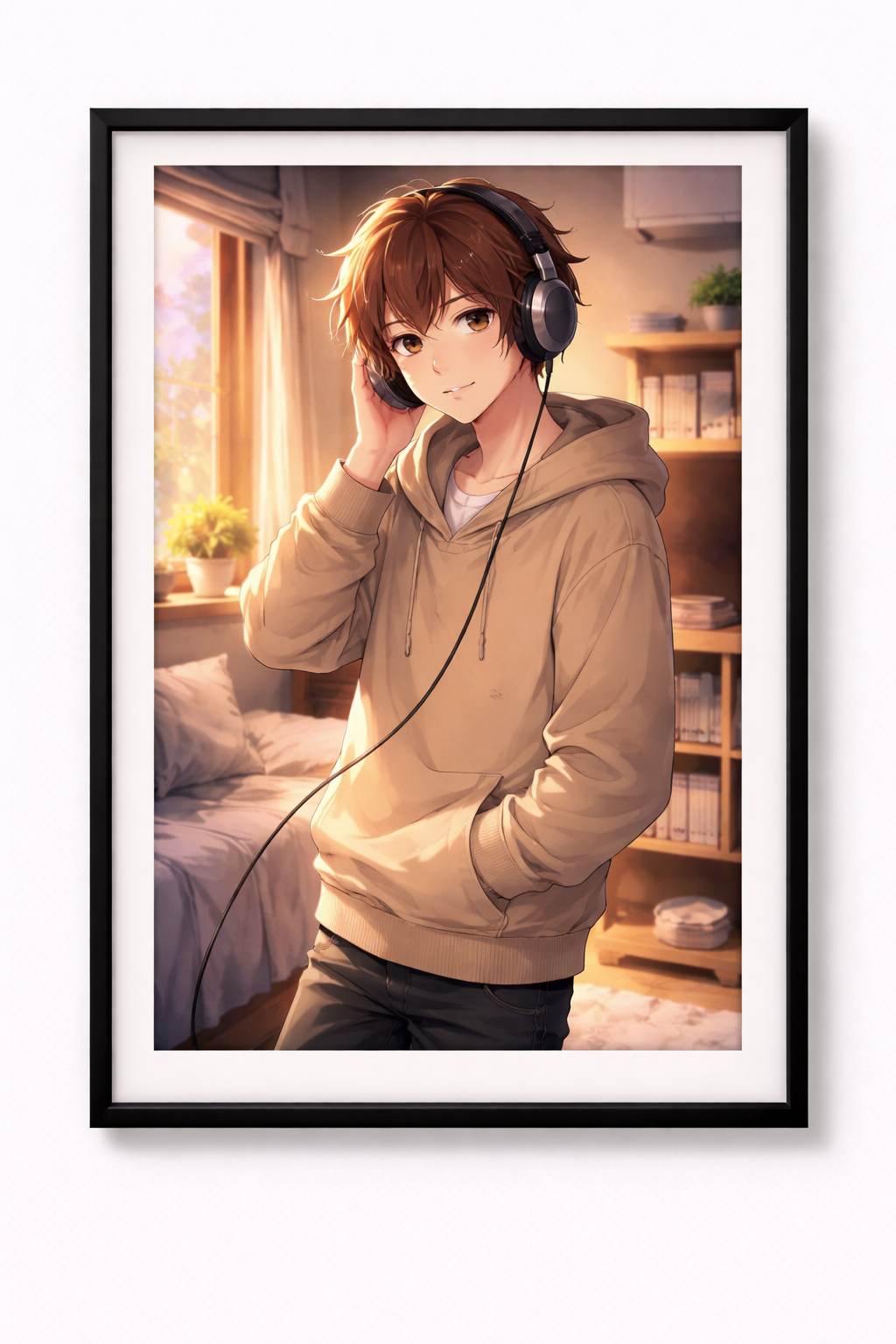 Anime Poster Blick Boy mit Kopfhörern im Schlafzimmer mit Rahmen – ästhetische Wanddeko
