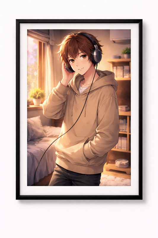 Anime Poster Blick Boy mit Kopfhörern im Schlafzimmer mit Rahmen – ästhetische Wanddeko