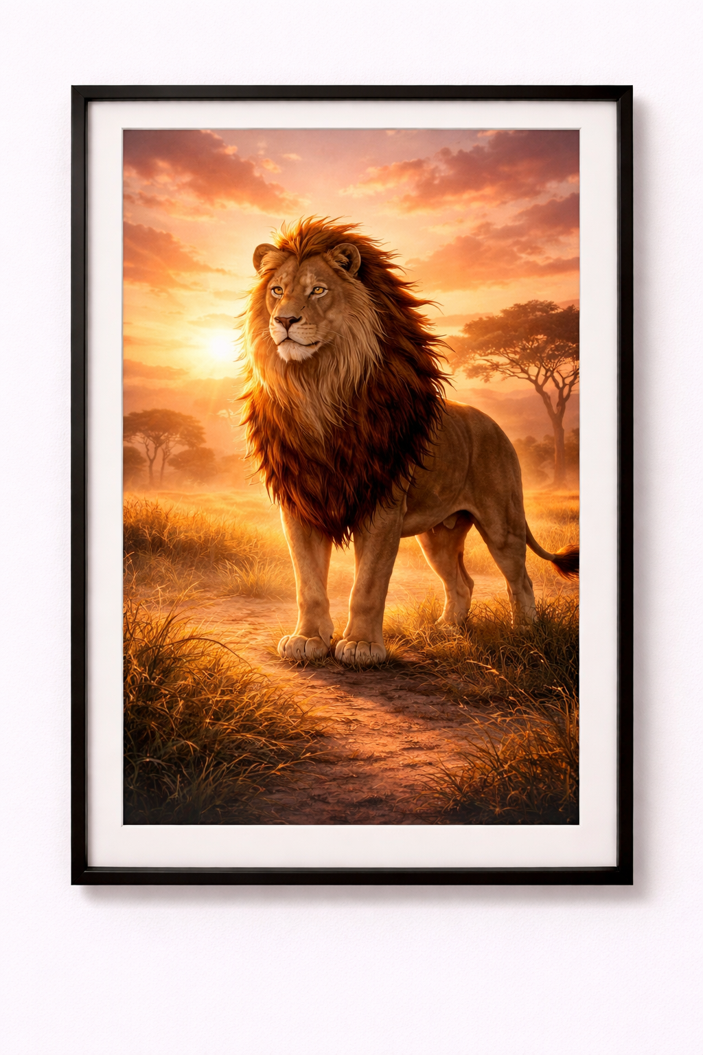 Tier Poster majestätischer Löwe im Sonnenuntergang mit Rahmen – ästhetische Wanddeko