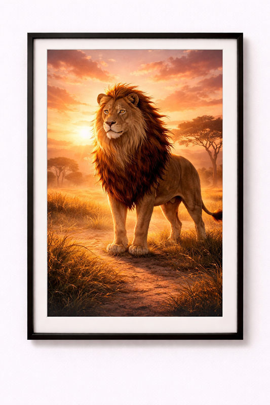 Tier Poster majestätischer Löwe im Sonnenuntergang mit Rahmen – ästhetische Wanddeko