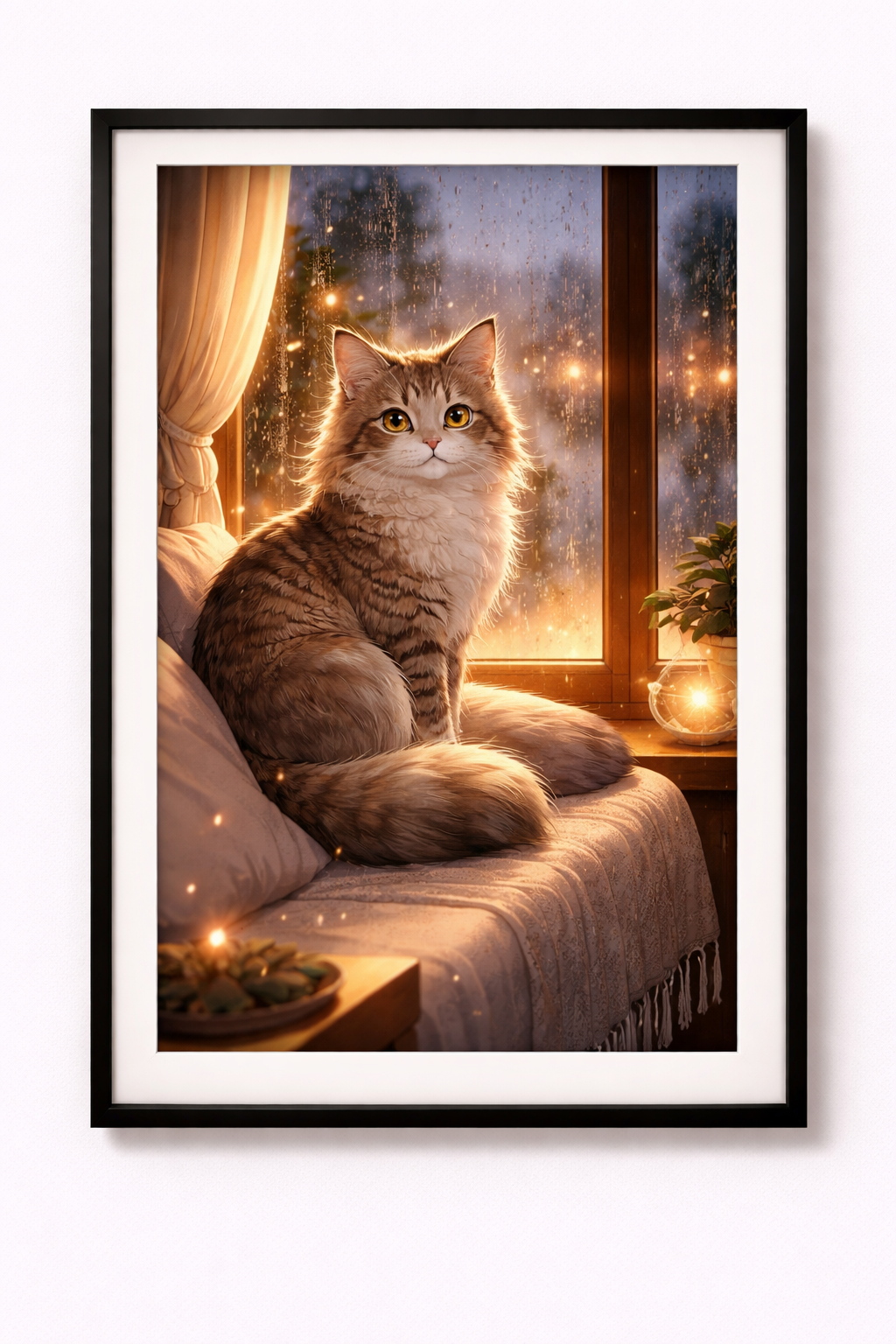 Tier Poster gemütlicher Abend mit einer Katze mit Rahmen – ästhetische Wanddeko
