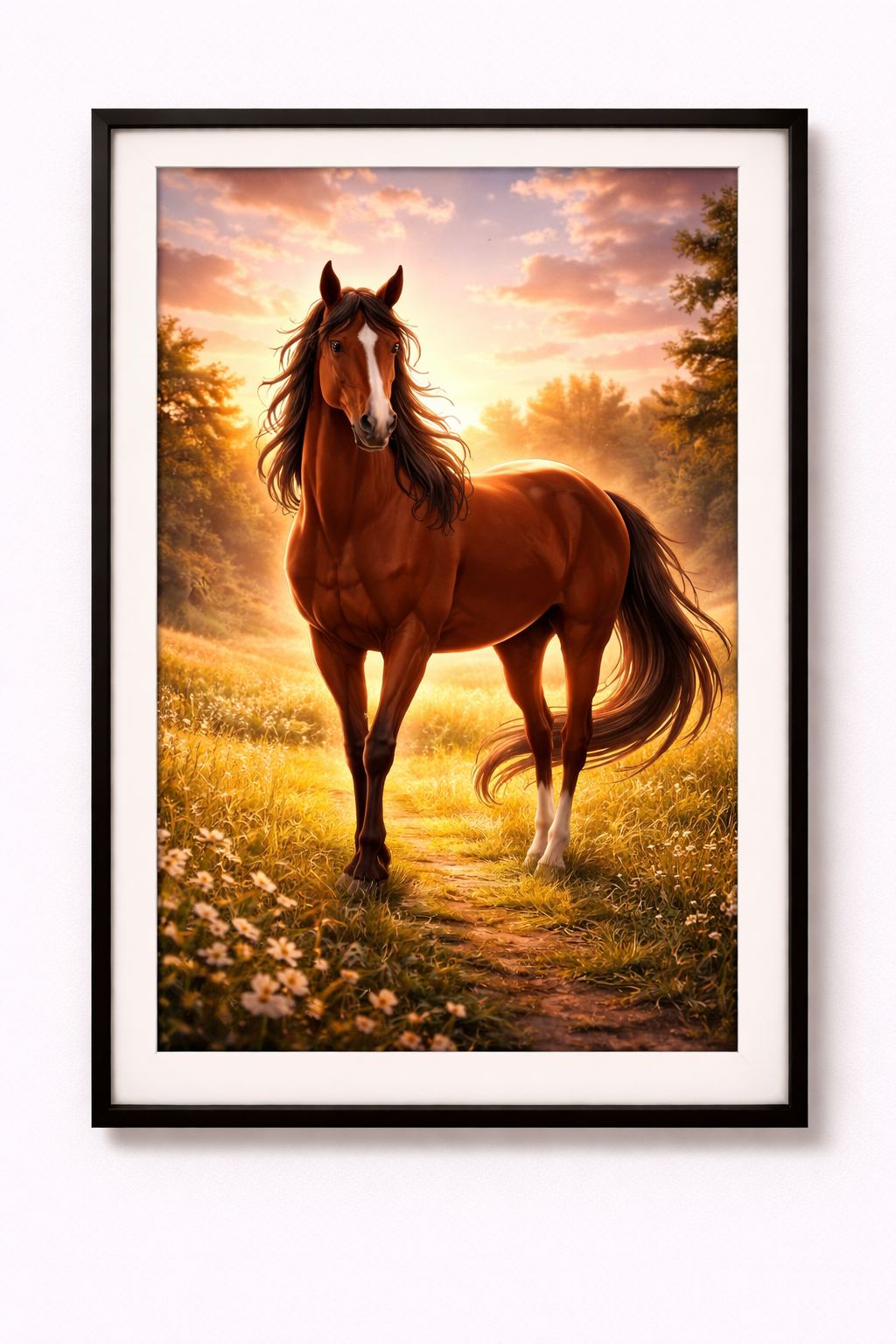 Tier Poster elegantes Pferd im Sonnenuntergang mit Rahmen – ästhetische Wanddeko
