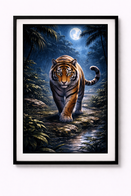 Tier Poster Tiger im mondschein beleuchtetem Dschungel mit Rahmen – ästhetische Wanddeko