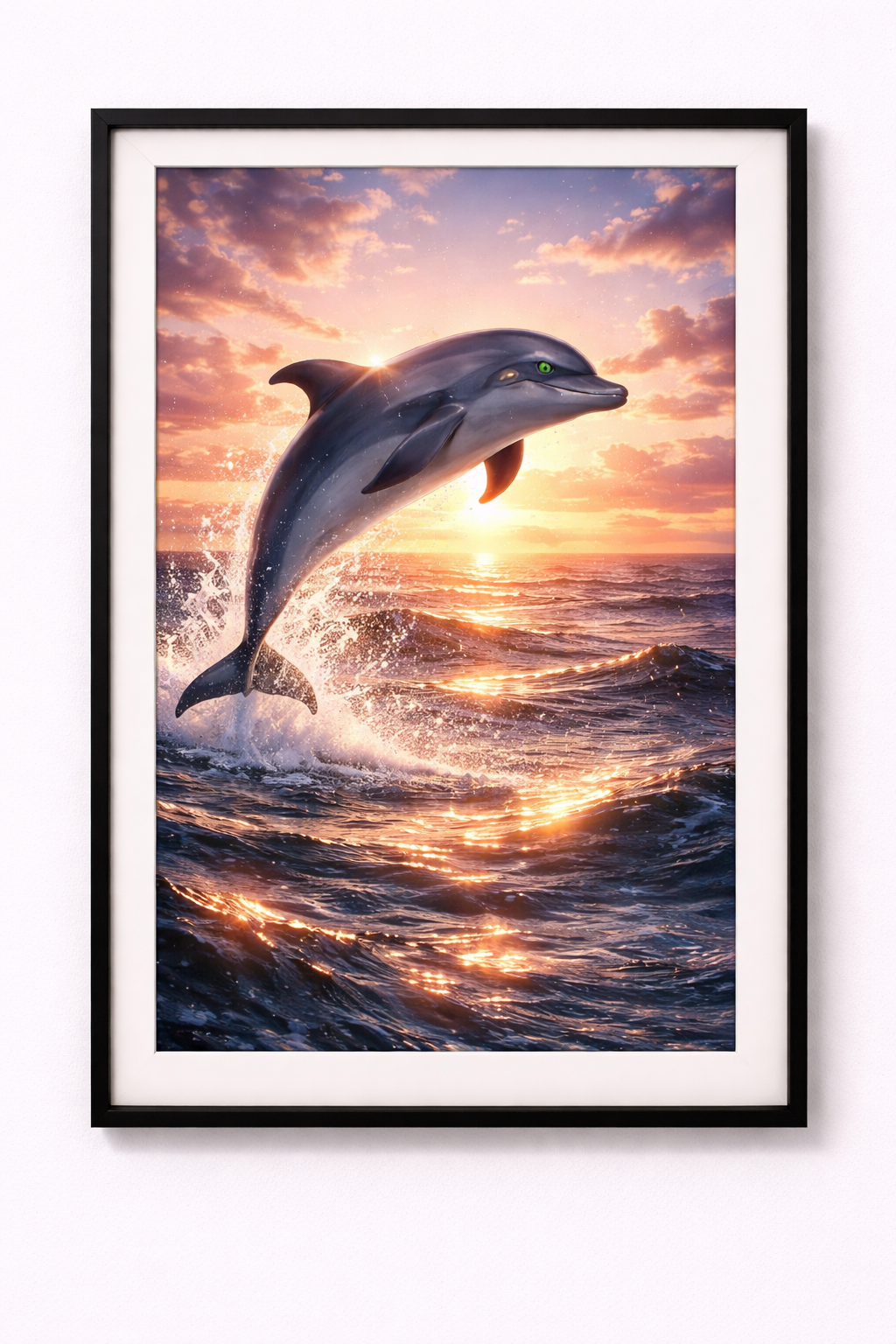 Tier Poster Springender Delfin im Sonnenuntergang mit Rahmen – ästhetische Wanddeko