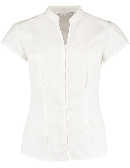 Tailored Fit Mandarin Collar Poplin Blouse Cap Sleeve