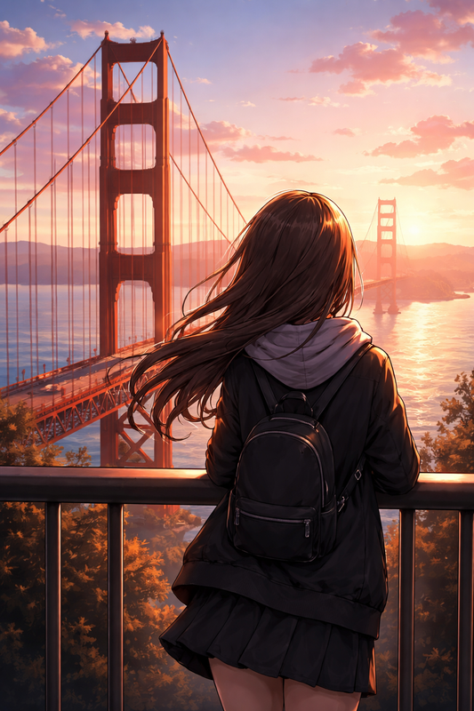 Anime Poster Golden Gate Bridge mit Rahmen – ästhetische Wanddeko