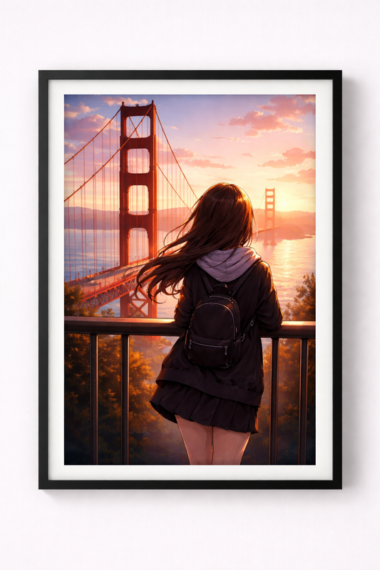 Anime Poster Golden Gate Bridge mit Rahmen – ästhetische Wanddeko