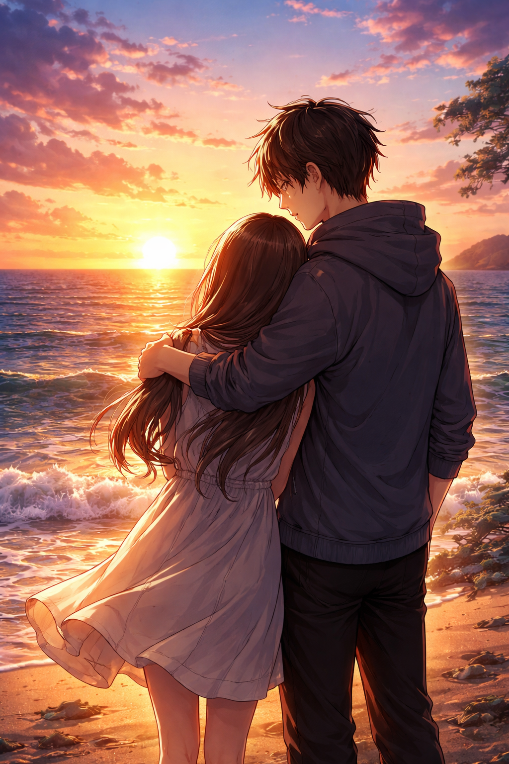 Anime Poster Paar im Sonnenuntergang mit Rahmen – ästhetische Wanddeko