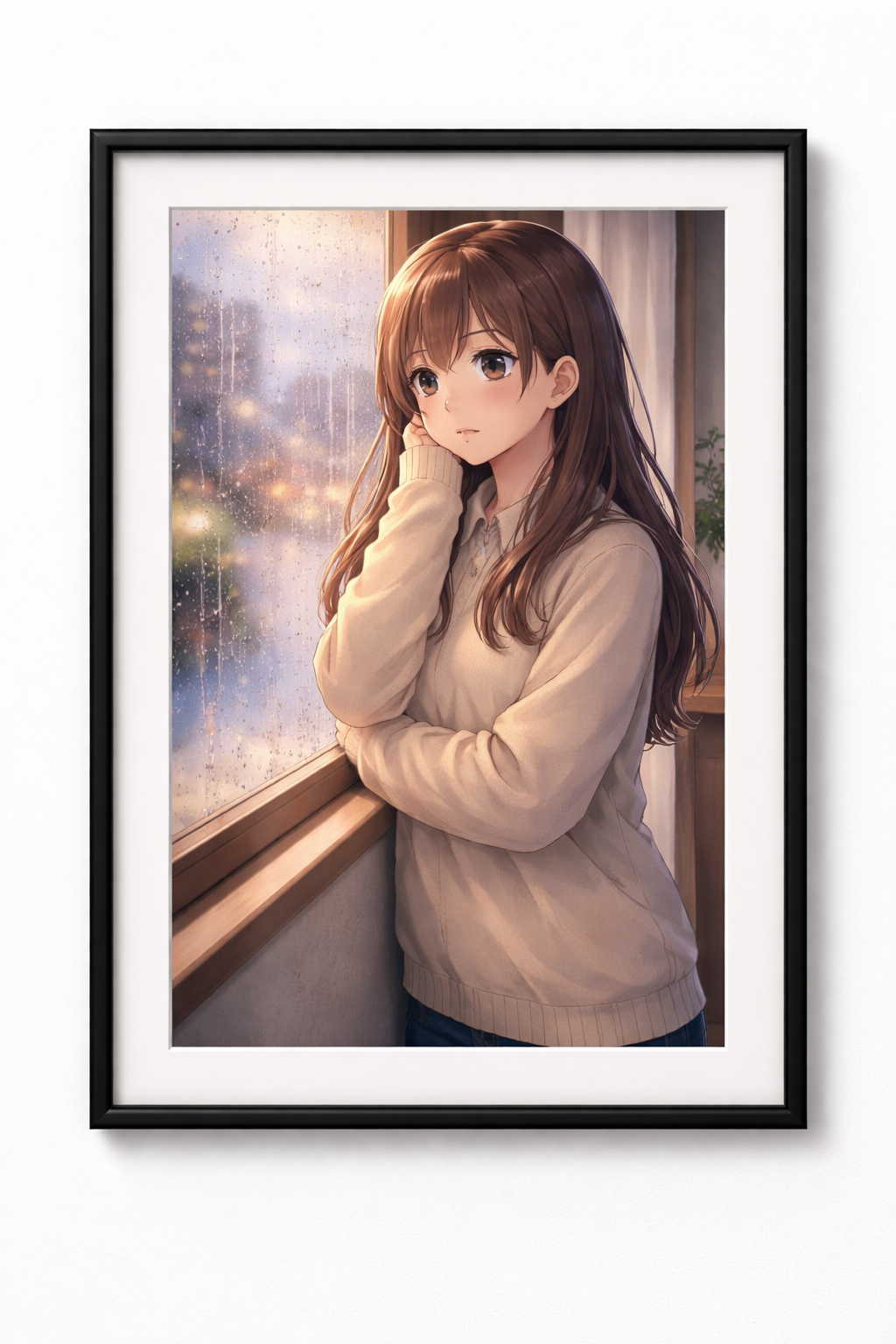 Anime Poster Blick durch regennasses Fenster mit Rahmen – ästhetische Wanddeko