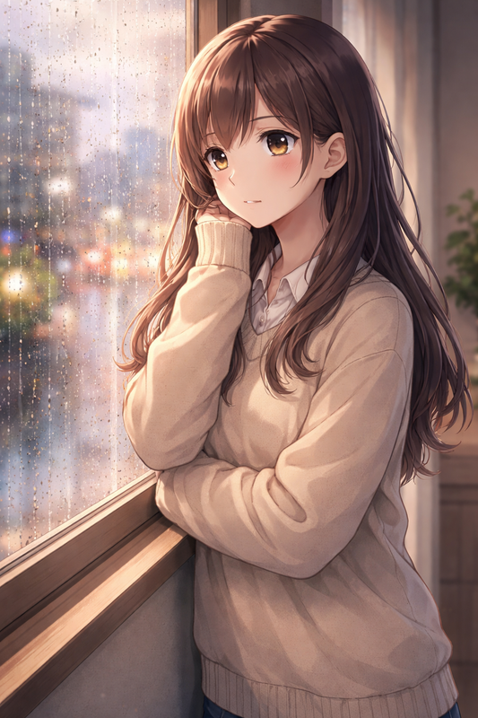 Anime Poster Blick durch regennasses Fenster mit Rahmen – ästhetische Wanddeko