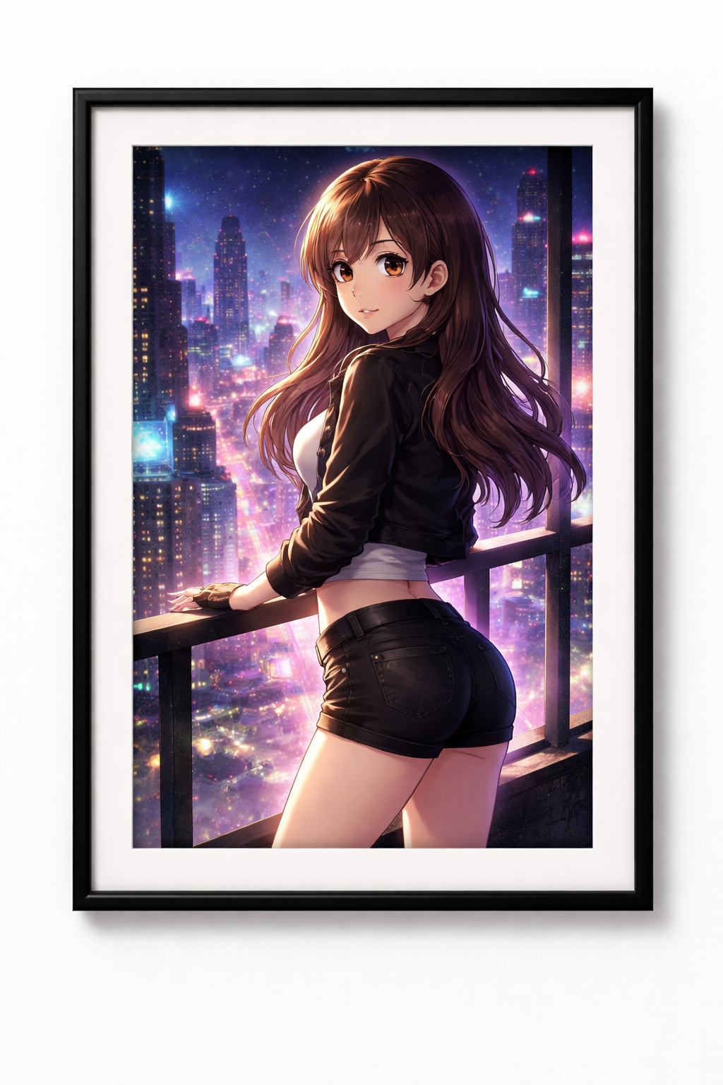 Anime Poster Blick auf die Nachtstadt mit Rahmen – ästhetische Wanddeko