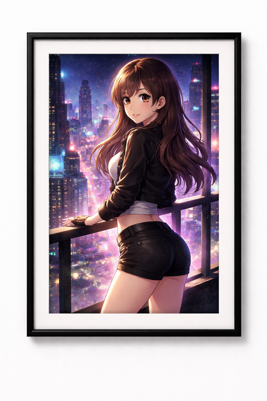 Anime Poster Blick auf die Nachtstadt mit Rahmen – ästhetische Wanddeko