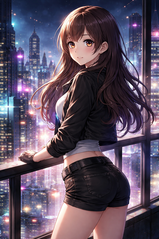 Anime Poster Blick auf die Nachtstadt mit Rahmen – ästhetische Wanddeko