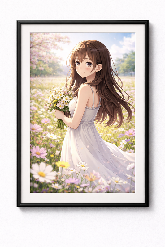 Anime Poster Mädchen im Frühlingsfeld mit Rahmen – ästhetische Wanddeko