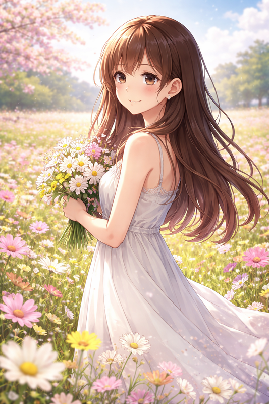Anime Poster Mädchen im Frühlingsfeld mit Rahmen – ästhetische Wanddeko