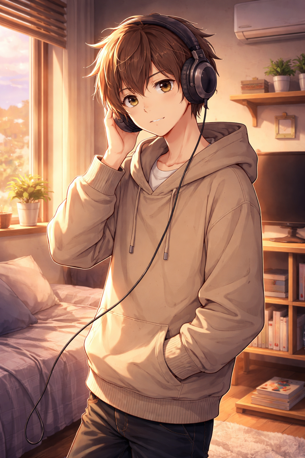 Anime Poster Blick Boy mit Kopfhörern im Schlafzimmer mit Rahmen – ästhetische Wanddeko