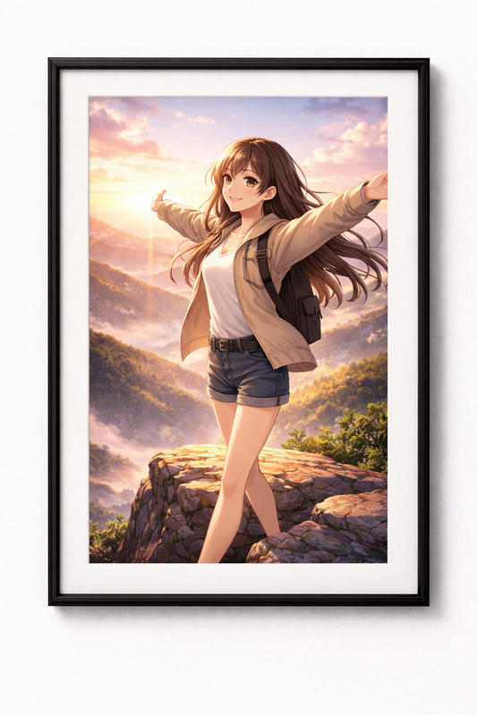 Anime Poster Freiheit am Sonnenaufgang mit Rahmen – ästhetische Wanddeko