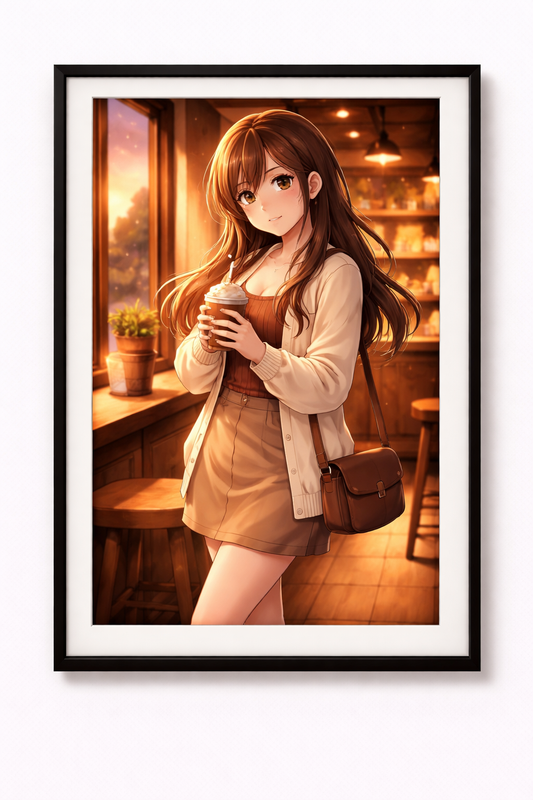 Anime Poster Junge Frau mit Eiskaffee im Cafe mit Rahmen – ästhetische Wanddeko