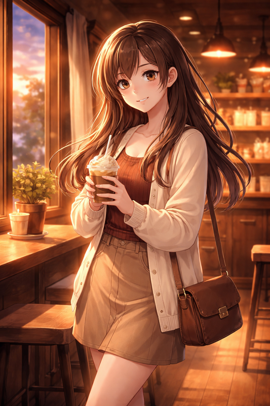 Anime Poster Junge Frau mit Eiskaffee im Cafe mit Rahmen – ästhetische Wanddeko