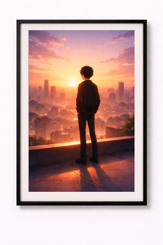 Anime Poster Blick über die Stadt im Sonnenuntergang mit Rahmen – ästhetische Wanddeko (Kopie)