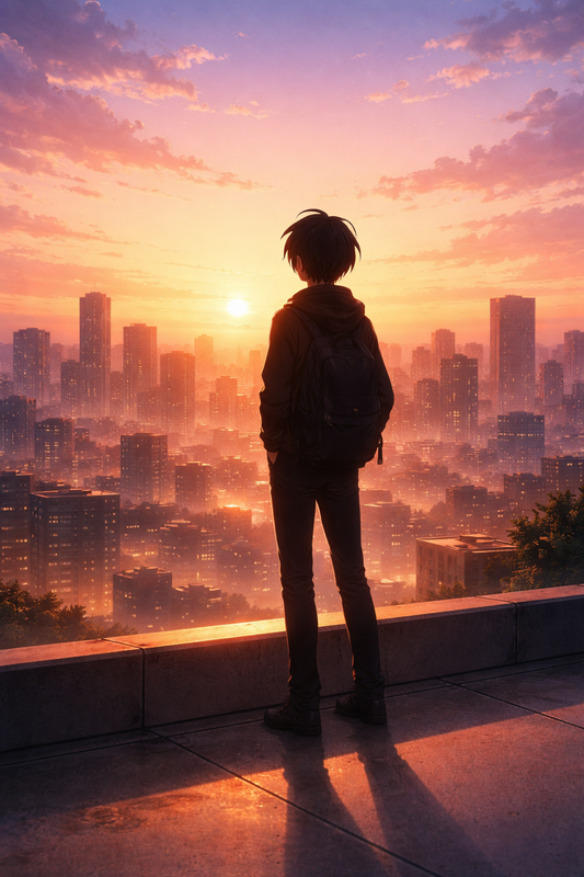 Anime Poster Blick über die Stadt im Sonnenuntergang mit Rahmen – ästhetische Wanddeko (Kopie)