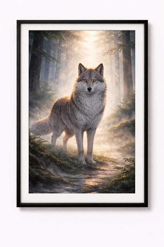Tier Poster majestätischer Wolf im Nebelwald mit Rahmen – ästhetische Wanddeko