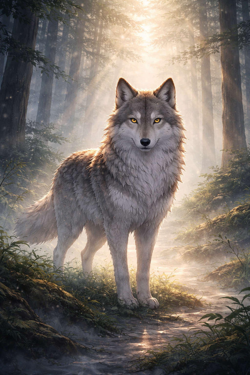 Tier Poster majestätischer Wolf im Nebelwald mit Rahmen – ästhetische Wanddeko