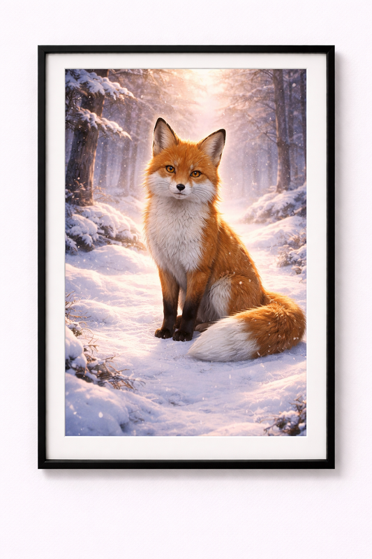 Tier Poster Fuchs im verschneiten Wald mit Rahmen – ästhetische Wanddeko