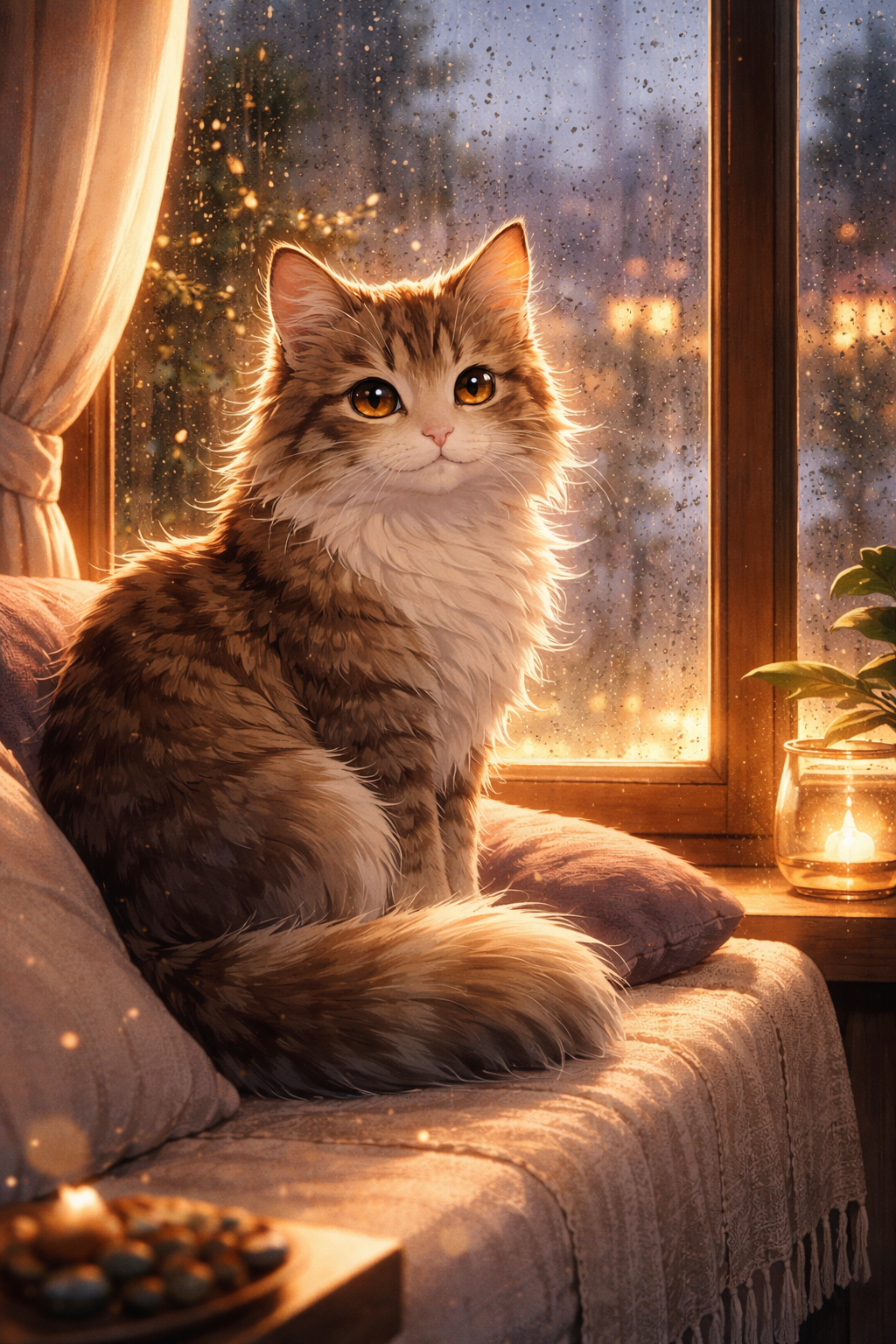 Tier Poster gemütlicher Abend mit einer Katze mit Rahmen – ästhetische Wanddeko