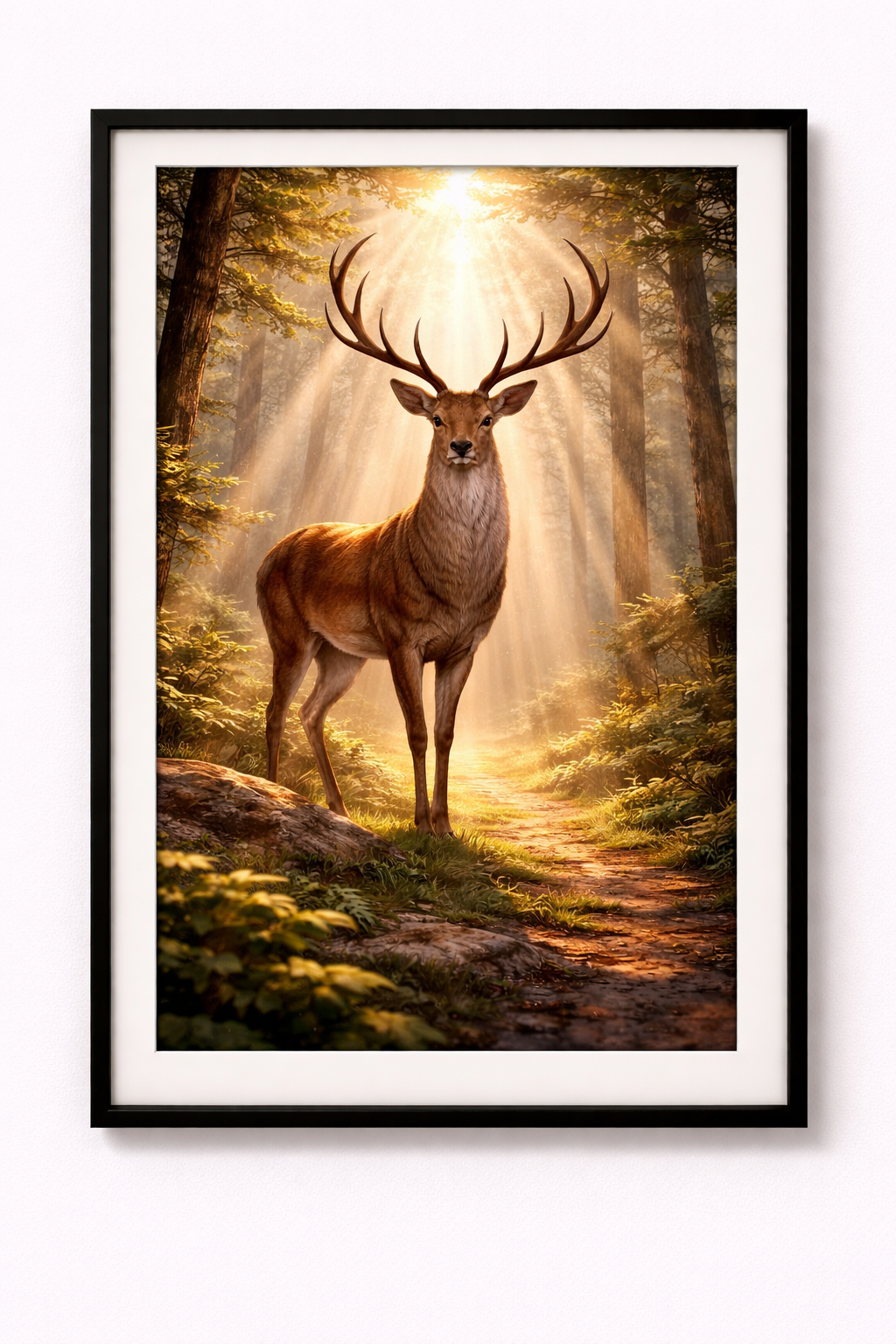 Tier Poster Majestätischer Hirsch im Morgenlicht mit Rahmen – ästhetische Wanddeko