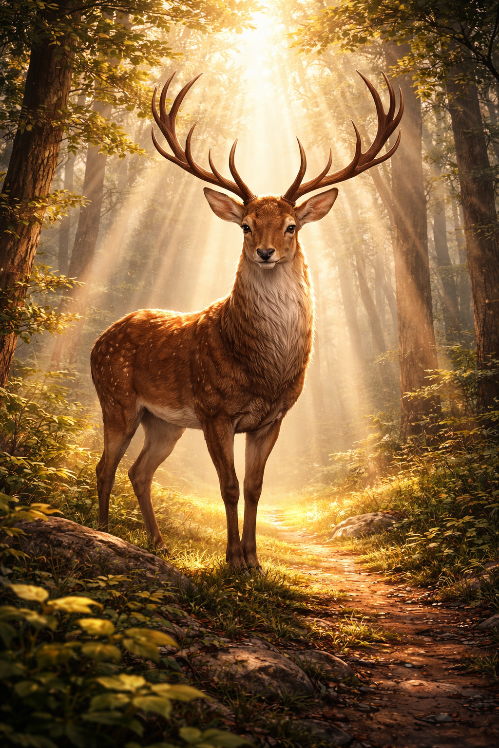 Tier Poster Majestätischer Hirsch im Morgenlicht mit Rahmen – ästhetische Wanddeko
