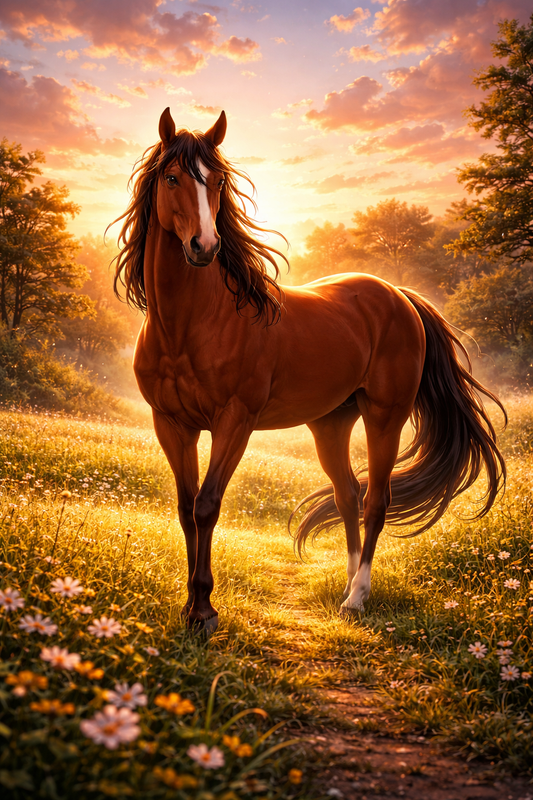 Tier Poster elegantes Pferd im Sonnenuntergang mit Rahmen – ästhetische Wanddeko