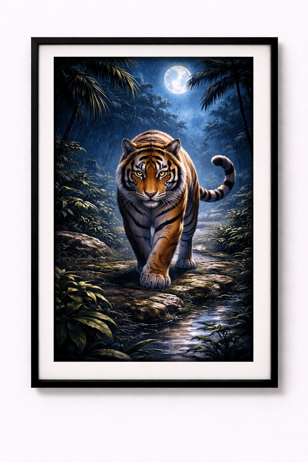 Tier Poster Tiger im mondschein beleuchtetem Dschungel mit Rahmen – ästhetische Wanddeko
