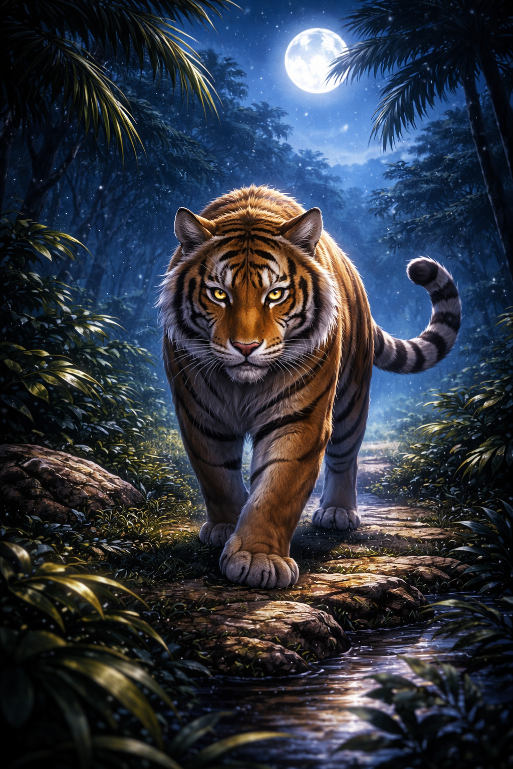 Tier Poster Tiger im mondschein beleuchtetem Dschungel mit Rahmen – ästhetische Wanddeko