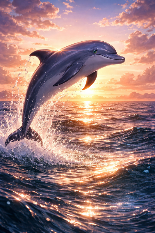 Tier Poster Springender Delfin im Sonnenuntergang mit Rahmen – ästhetische Wanddeko