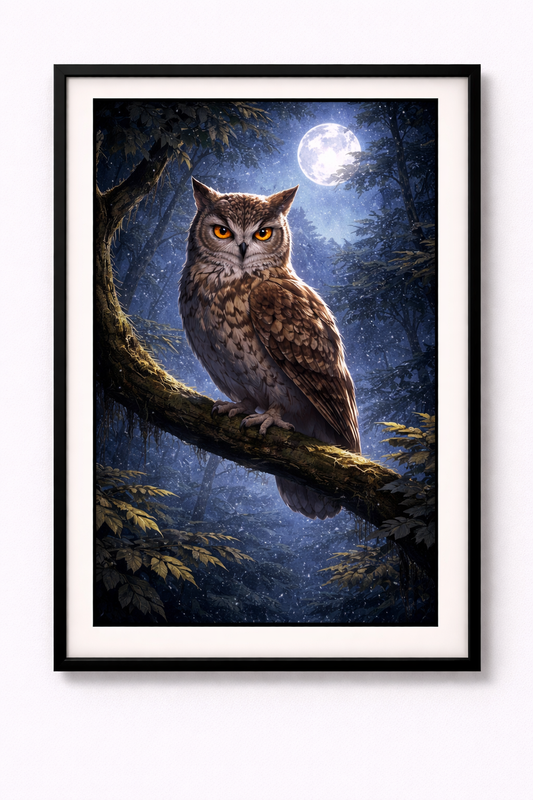 Tier Poster Eule im Mondlicht im Wald mit Rahmen – ästhetische Wanddeko
