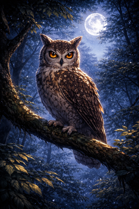 Tier Poster Eule im Mondlicht im Wald mit Rahmen – ästhetische Wanddeko