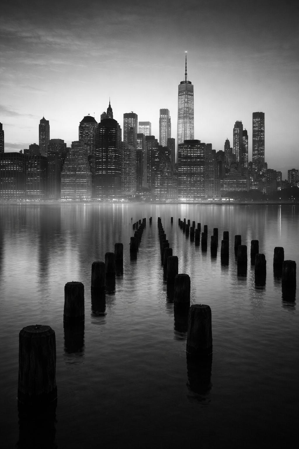 schwarz/weiß Poster New Yorker Skyline bei Dämmerung mit Rahmen – ästhetische Wanddeko