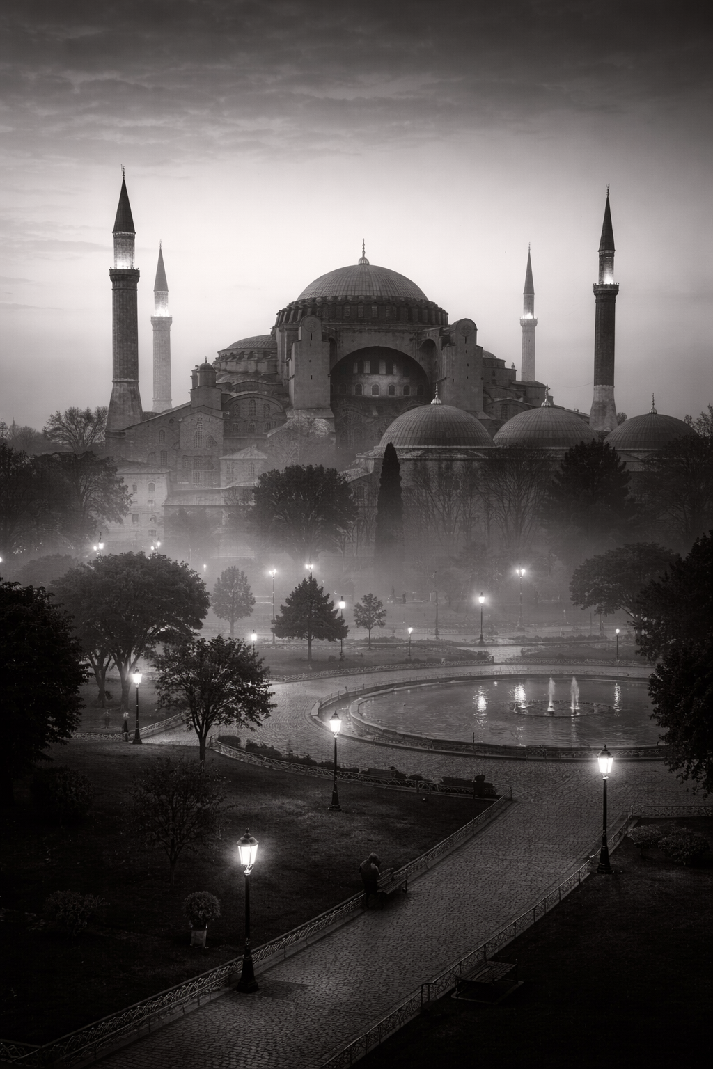 schwarz/weiß Poster Hagia Sophia im Nebel bei Dämmerung mit Rahmen – ästhetische Wanddeko