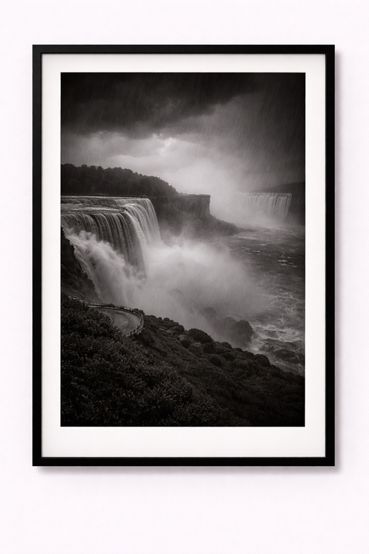 schwarz/weiß Poster Niagarafälle im Regensturm mit Rahmen – ästhetische Wanddeko