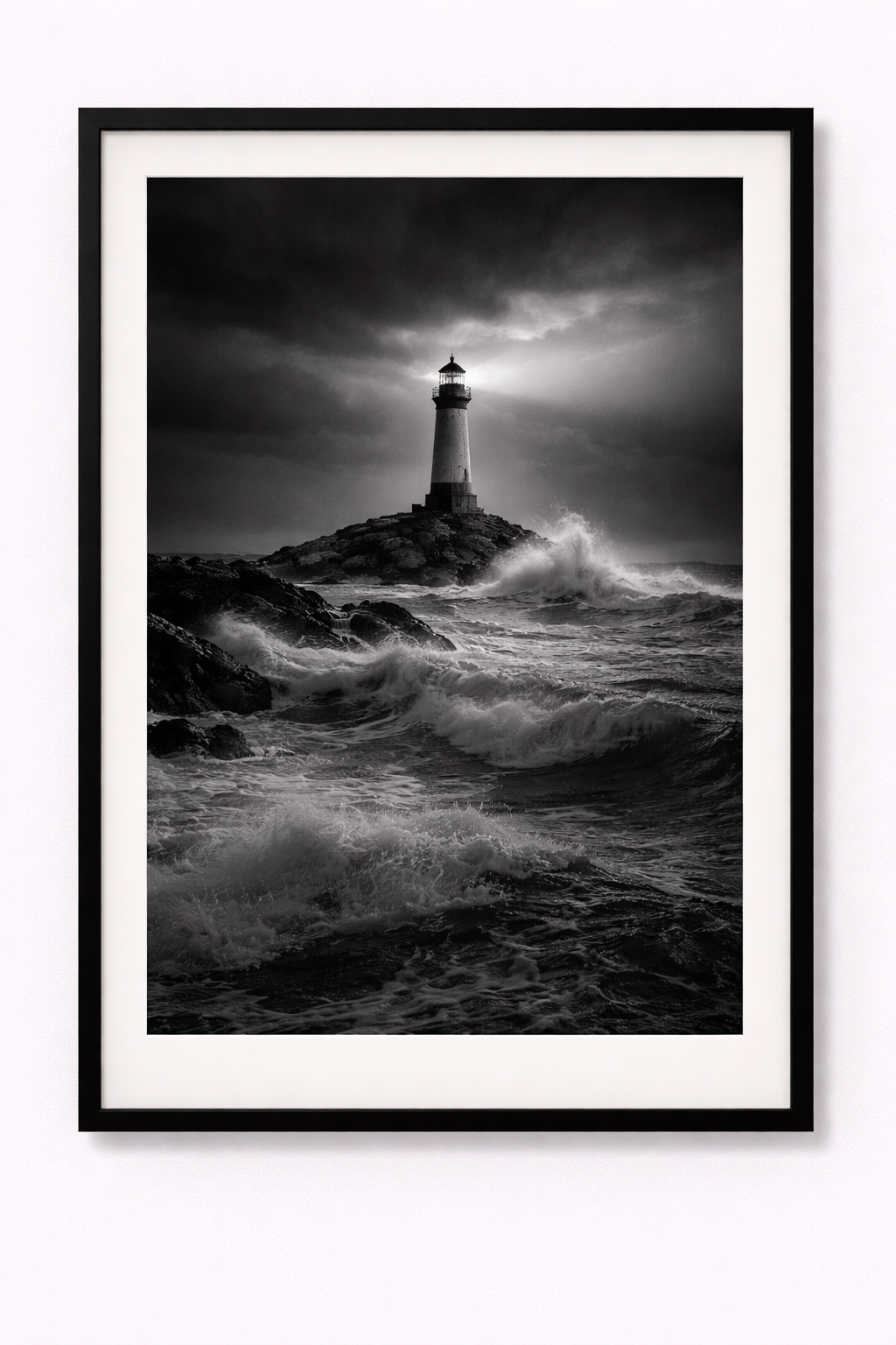 schwarz/weiß Poster Sturm und Licht am Leuchtturm mit Rahmen – ästhetische Wanddeko
