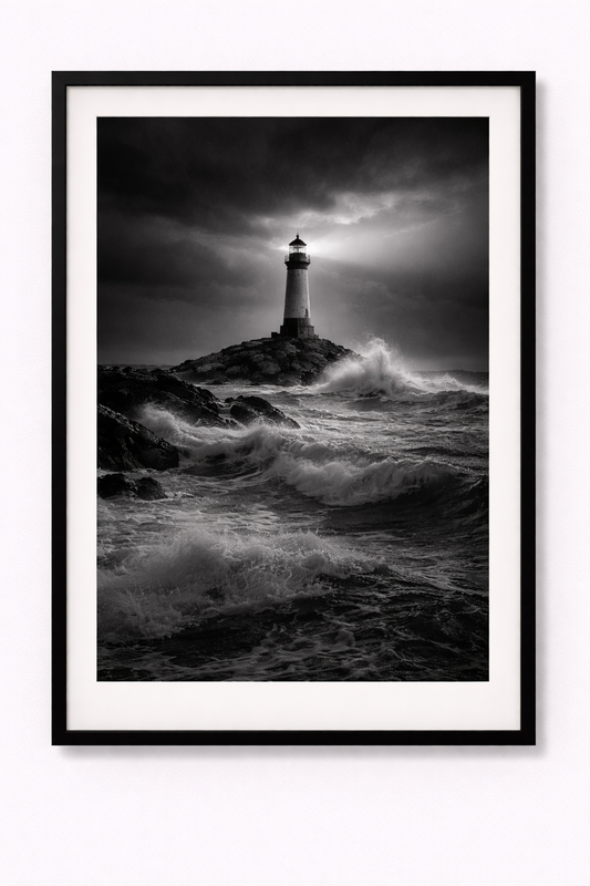 schwarz/weiß Poster Sturm und Licht am Leuchtturm mit Rahmen – ästhetische Wanddeko