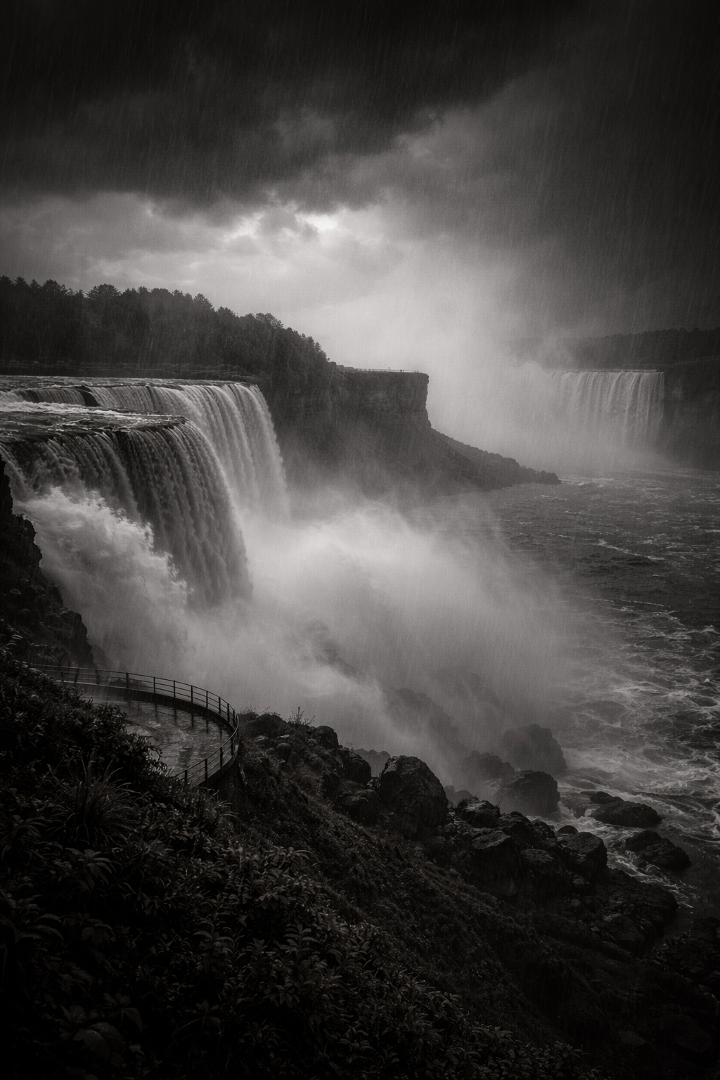 schwarz/weiß Poster Niagarafälle im Regensturm mit Rahmen – ästhetische Wanddeko