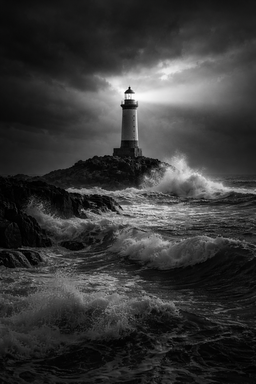 schwarz/weiß Poster Sturm und Licht am Leuchtturm mit Rahmen – ästhetische Wanddeko