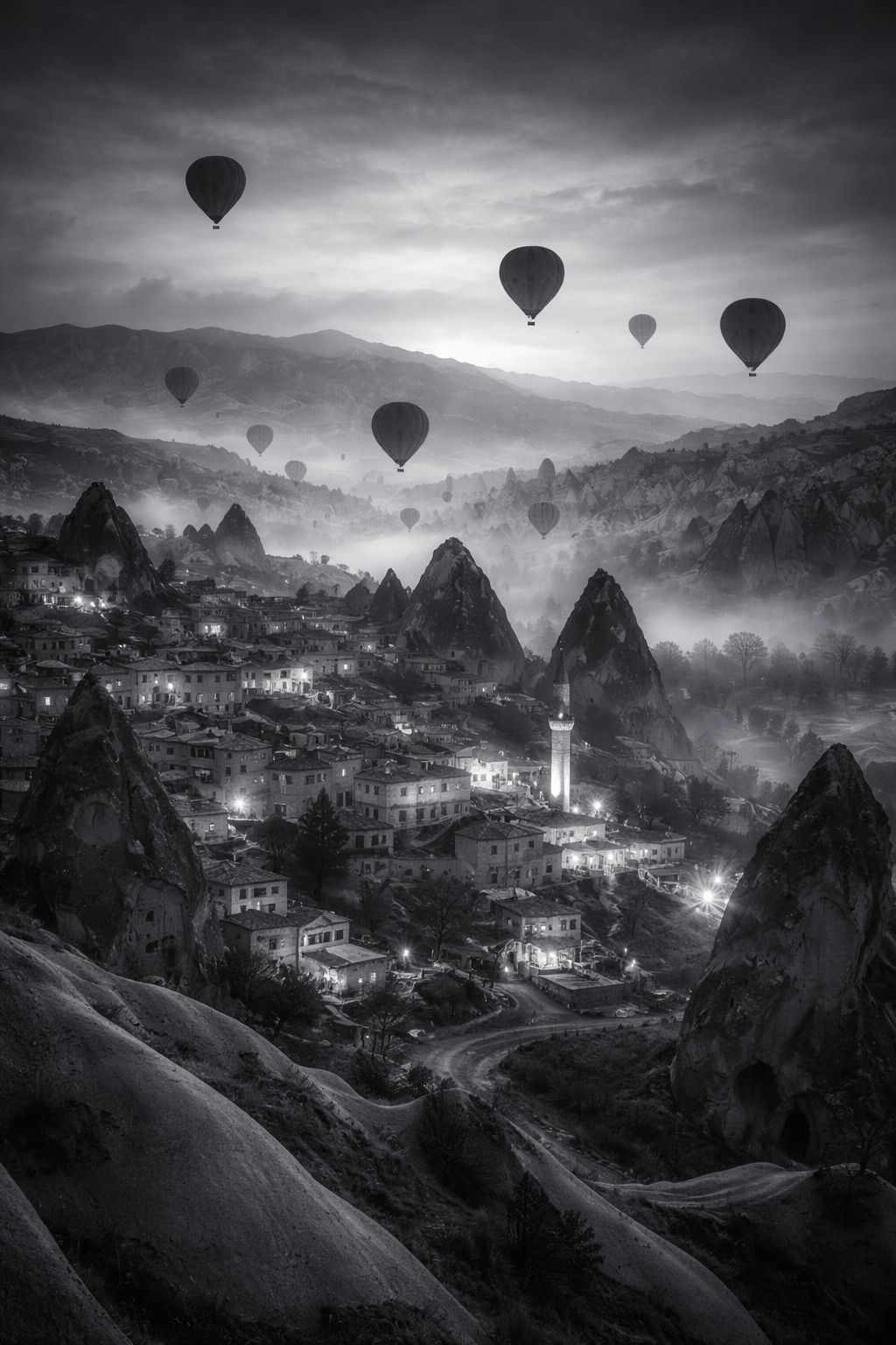 schwarz/weiß Poster Morgenstimmung über Cappadocia mit Rahmen – ästhetische Wanddeko