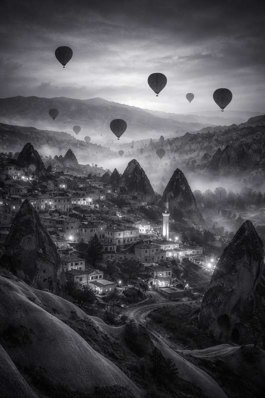 schwarz/weiß Poster Morgenstimmung über Cappadocia mit Rahmen – ästhetische Wanddeko