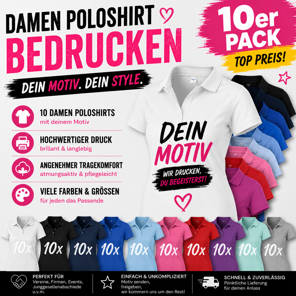 10er Set Damen Polo Shirts bedrucken – Dein Motiv. Dein Style.