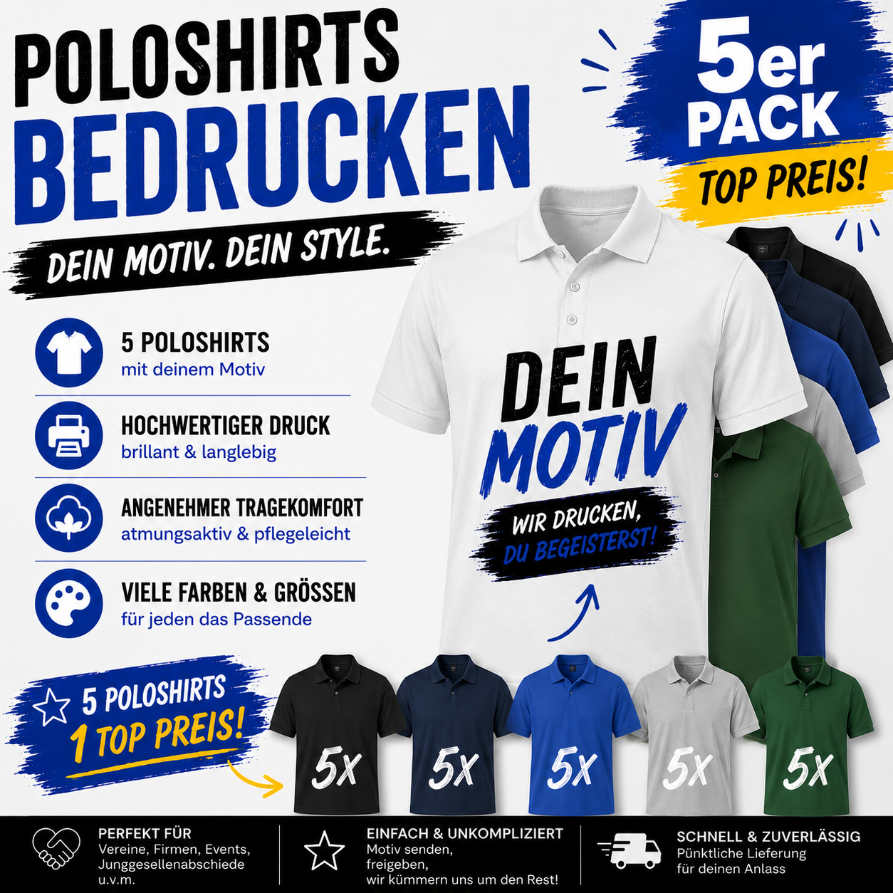 5er Set Polo Shirts bedrucken – Dein Motiv. Dein Style.