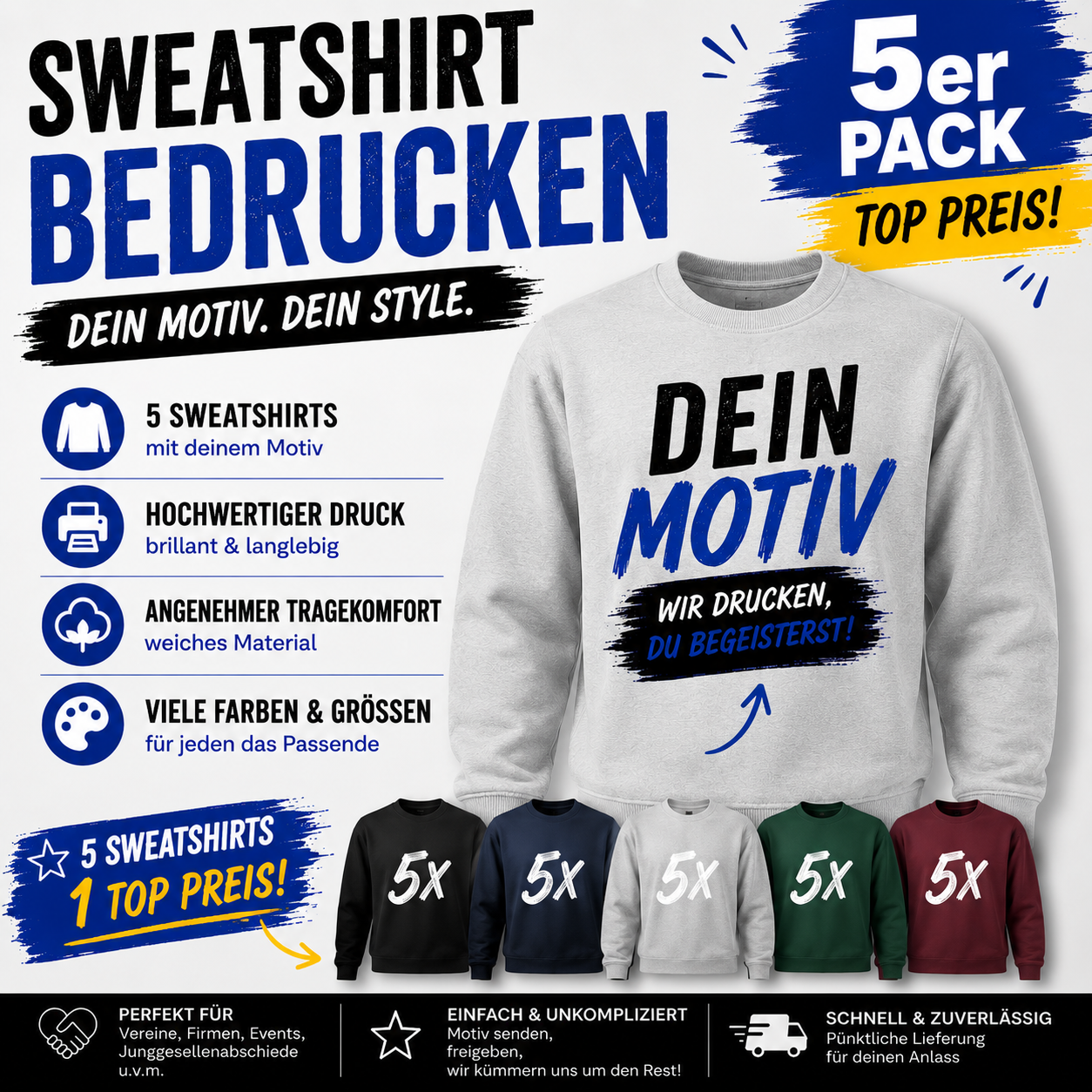 5er Set Sweatshirts bedrucken – Dein Motiv. Dein Style.